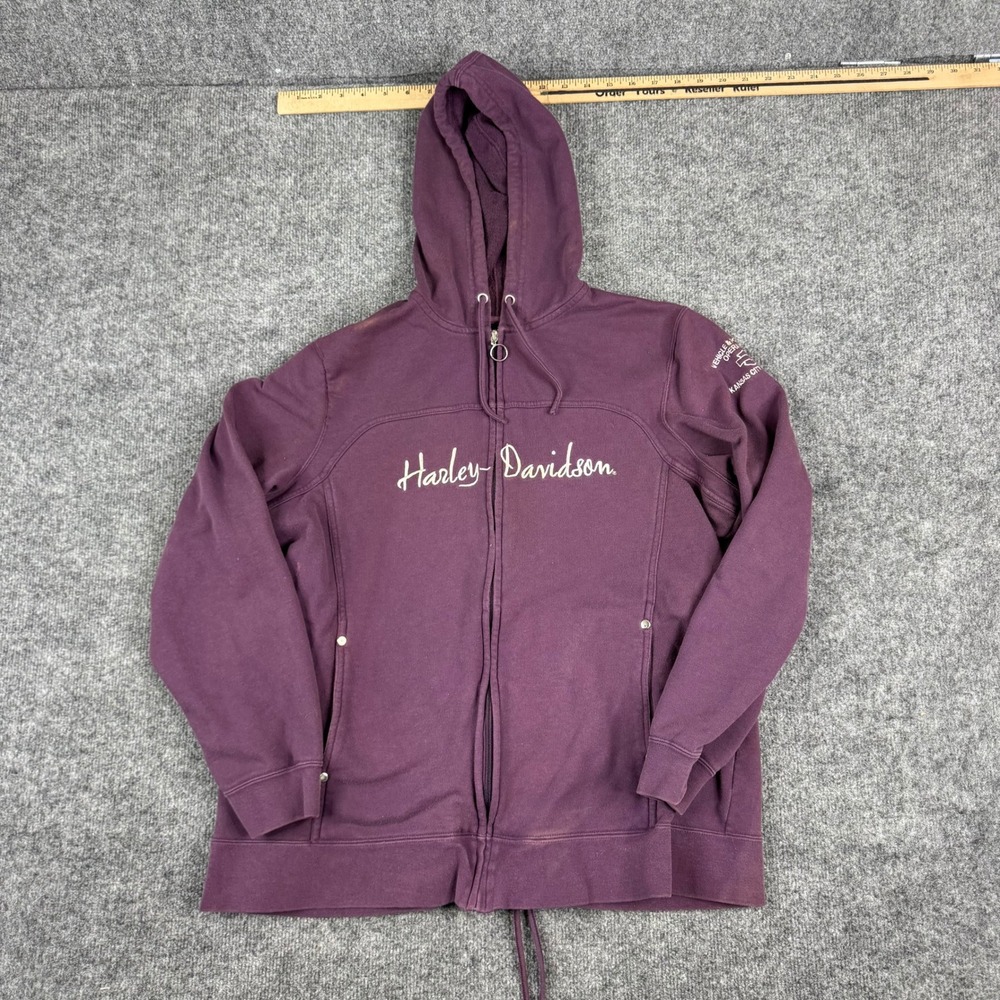 Harley Davidson Hoodie Womens Size 1X Purple Lace Up Back Full Zip Embroidered